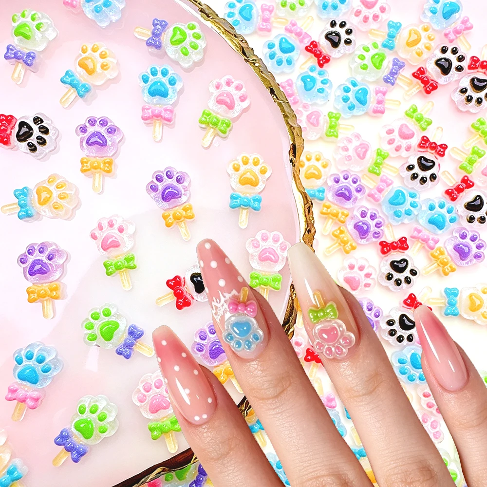 50pcs Candy Color Cat Paw Lollipop Nail Charms Macarons Cat Paw Magic Wand Nail Rhinestones Sweet Resin Bow Manicure Decoration