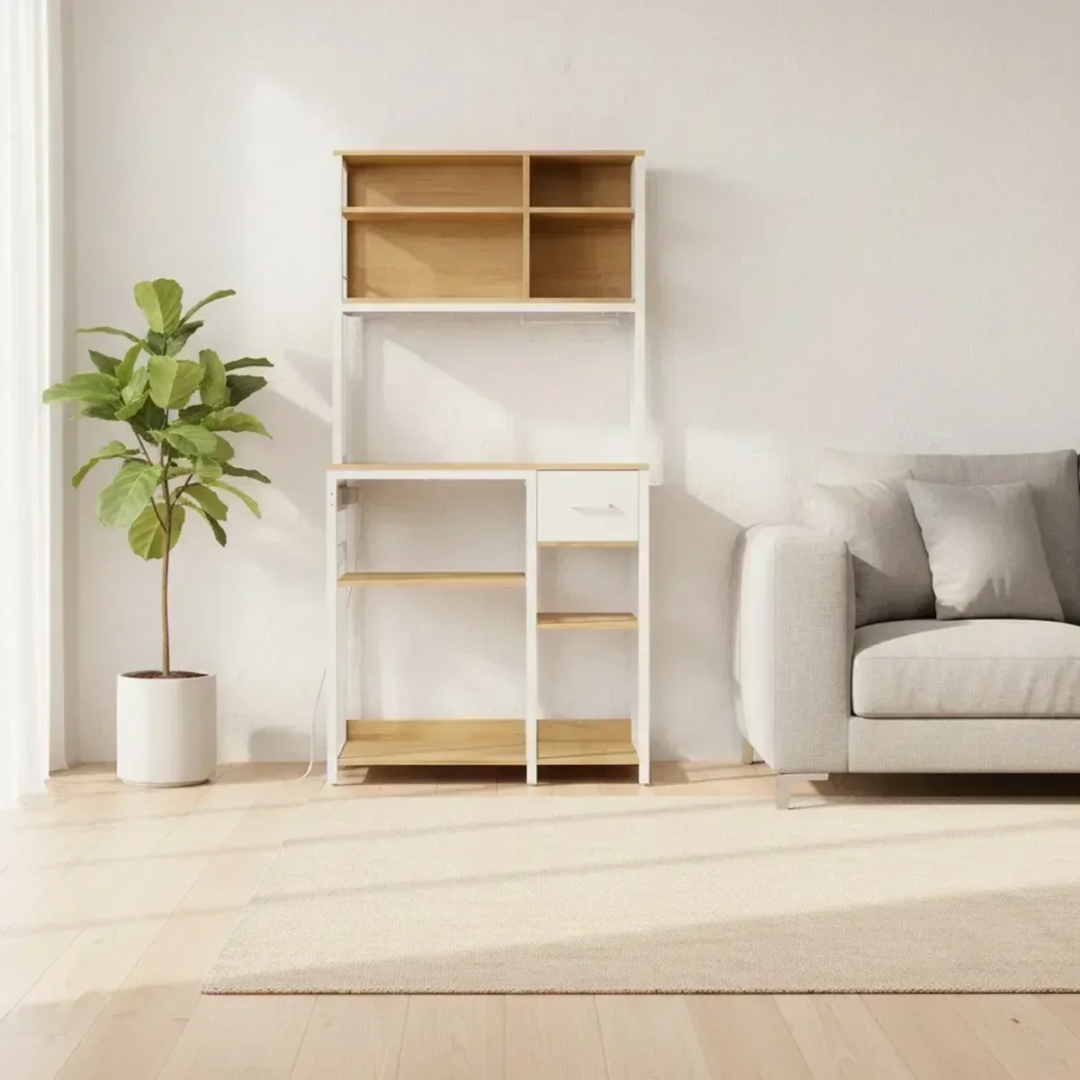 Kitchen Storage Rack 31.5 Inch Wide Oak White 6 Tier Shelf Microwave Stand with Drawer 12 Hooks