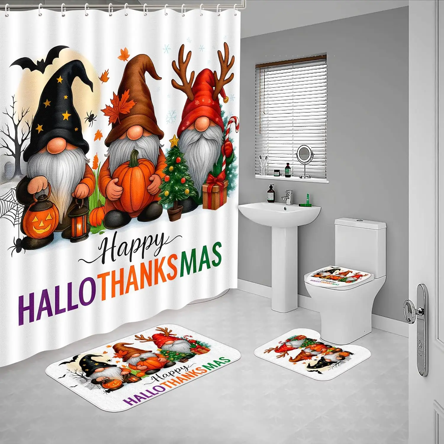 4Pcs Halloween Shower Curtain Bathroom Set -Fall Autumn Thanksgiving Christmas Non Slip Rugs Toilet Lid Cover Bath Mat with