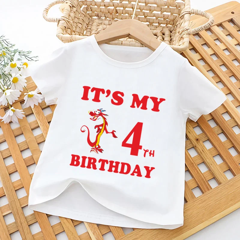 Mushu Dragon Mulan Print Cartoon Kids T shirt It's My 1 2 3 4 5 6 7 8 9 Years Birthday Baby Girls Clothes Children Boys T-Shirts