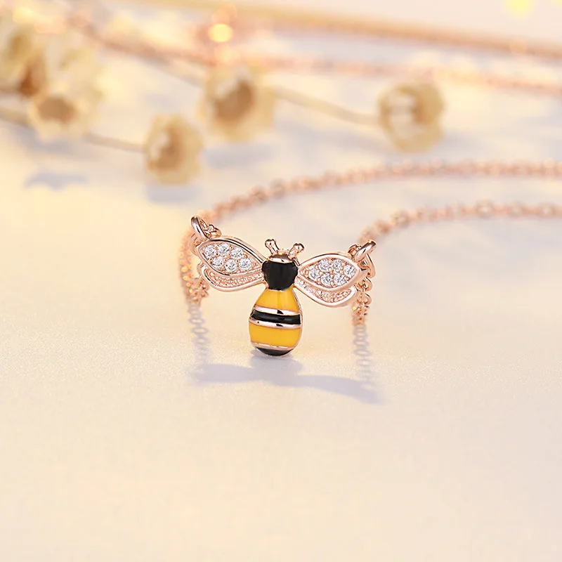 Zircon Stone Brilliant Cut Adorable Bees Pendant Claw Setting Necklace for women sterling silver necklace