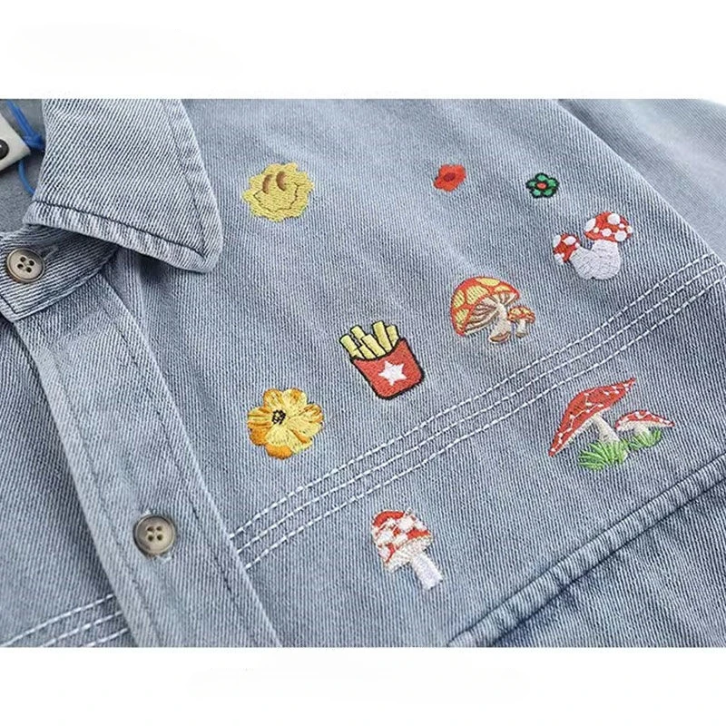 Men Women American Retro Washed Distressed Denim Short-sleeved Shirts Trendy Street Cartoon Embroidery Casual Versatile Blouse