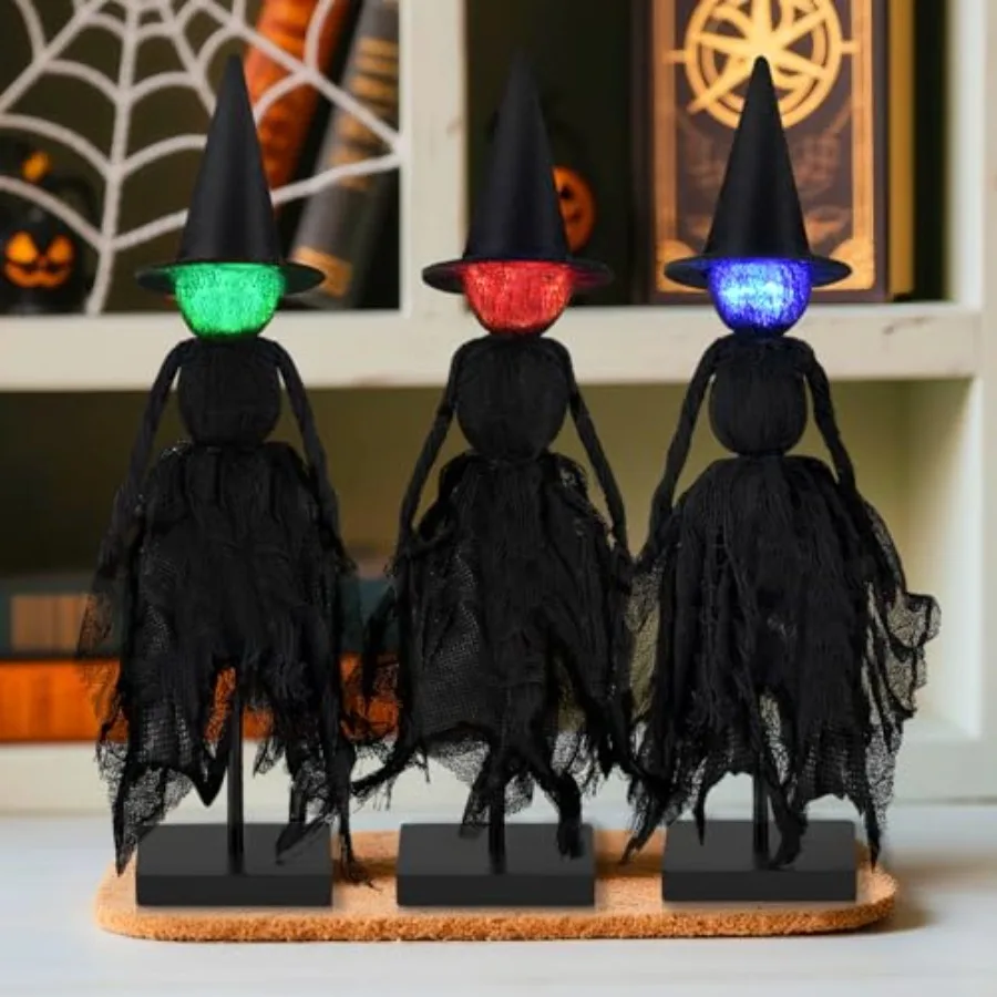Halloween Decorations Indoor Set of 3 Lighted Primitive Witch with Hat Spooky Black Witches Figurines LED Lights Standing Table