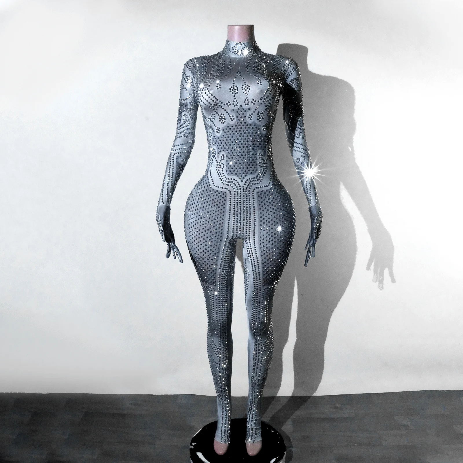 Glitter Grey Full Crystal Long Sleeve Jumpsuit Drag Costume Show Singer Performance Femme Show Girl Go Go Outfit Festival Club