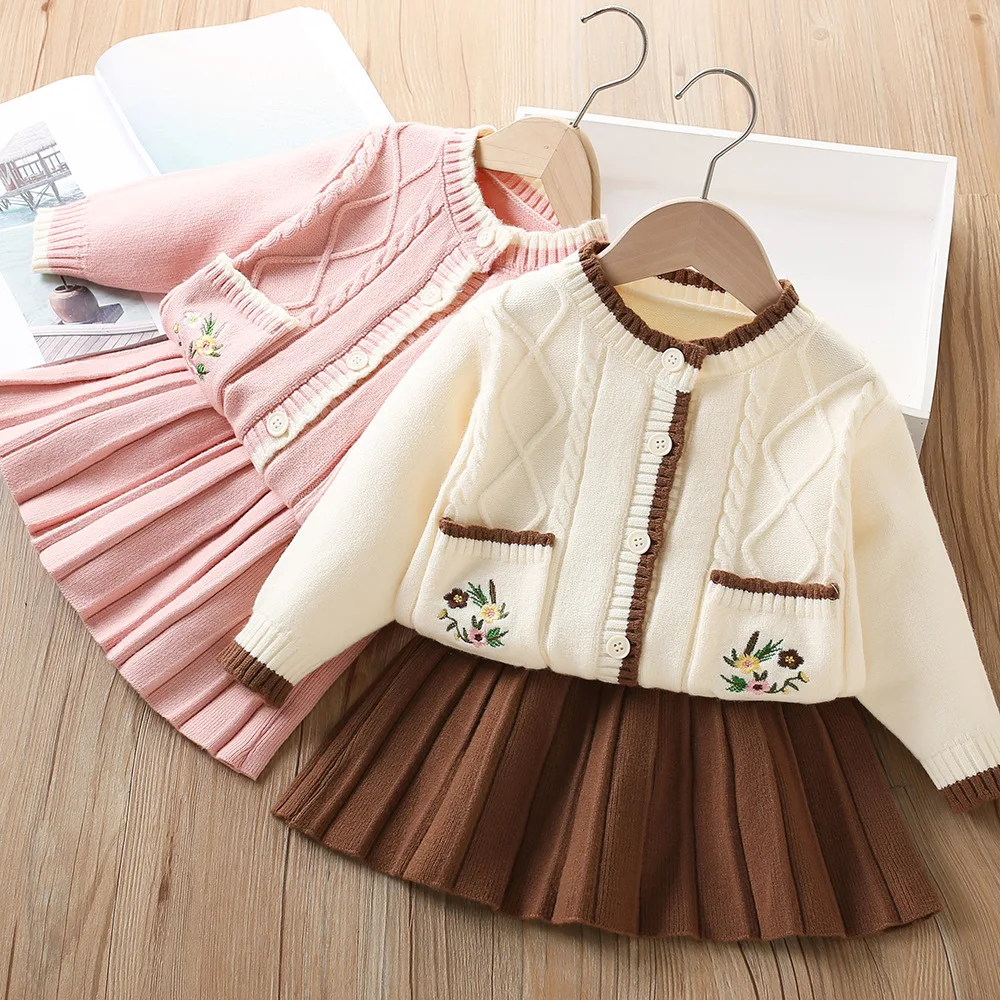 

Girls Knitted Clothes Sets Spring Autumn Children Woolen Jersey Sweaters Tops Skirts Princess Dress Suit For Baby Outfits Kids 6