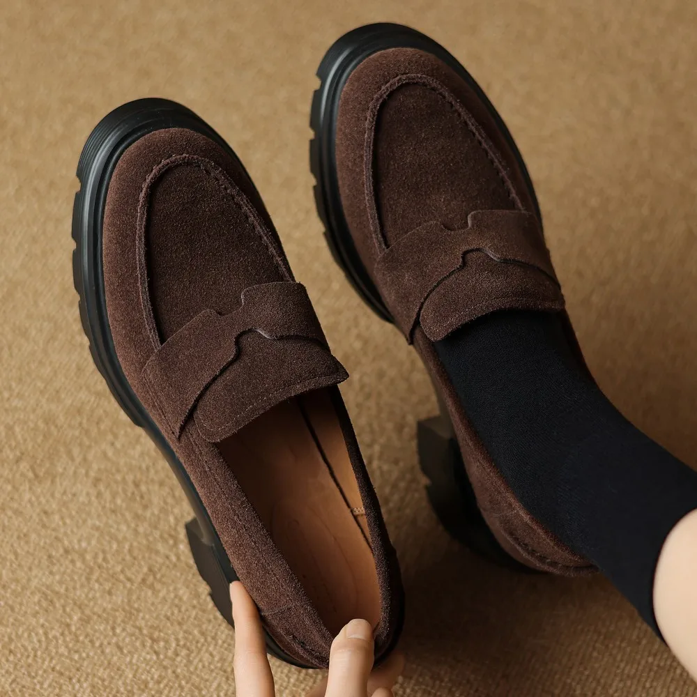 Women\'s natural suede leather chunky heel platform flats loafers round toe casual female winter warm plush moccasins shoes woman