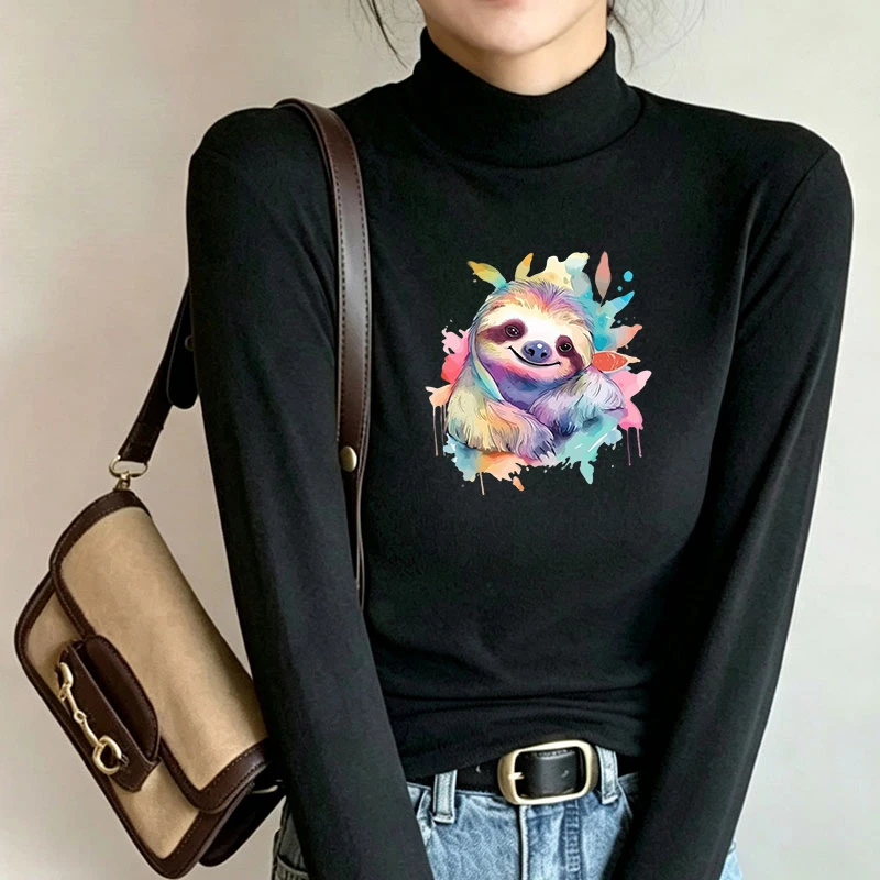 Winter Women's Thermal Brushed Fleece Half Mock Neck Long Sleeve T Shirt Colorful Sloth Splash Graphic Warm Tee