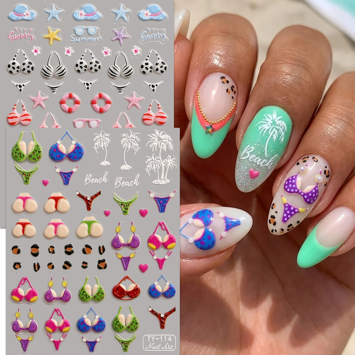 5D Geprägte Sexy Bikini Nagelkunst-Aufkleber, Sommer-Strand-Thema Pfirsich-Po Texturierte Abziehbilder, 3D Selbstklebende Tropische Palmen-Tränenblätter