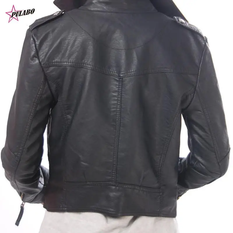 PULABO-Chaqueta de cuero sintético para mujer, abrigo corto de motociclista, suave, colores brillantes, blanco y negro