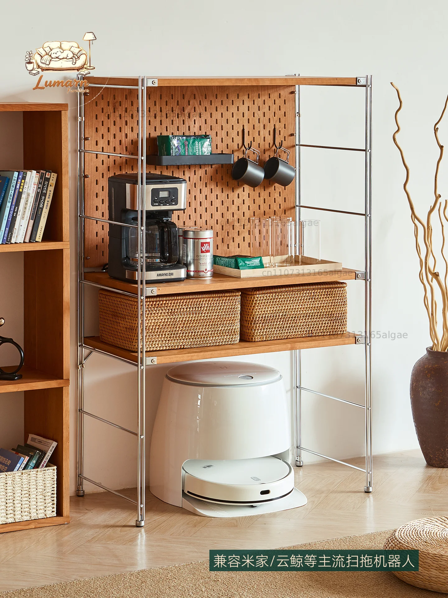 Solid wood rack Japanese living room household sweeping machine storage rack Multi-layer household storage rack