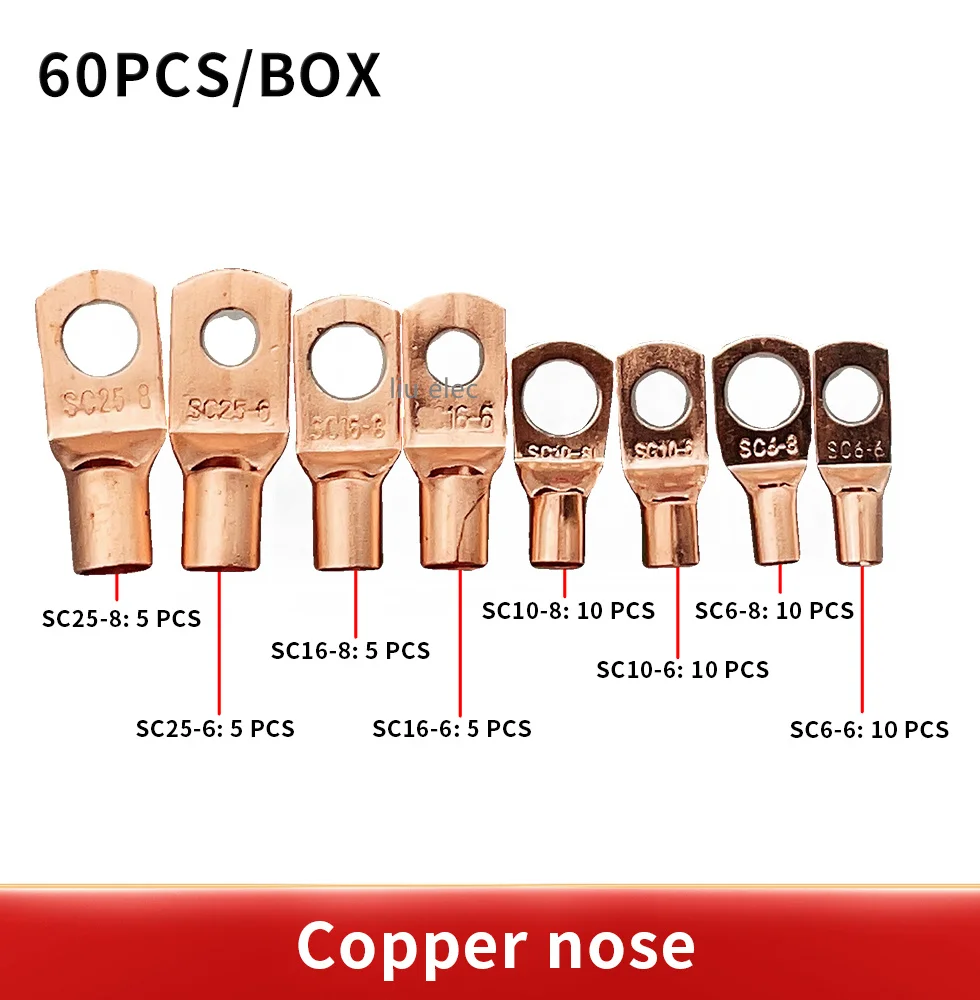 60pcs/box Electrical Wire Ring Connectors Assorted Car Copper Tube Lug Battery Starter Cable Welding Crimp Terminals Kit