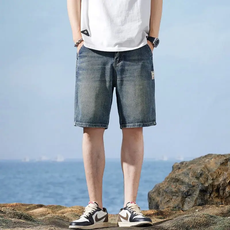 Летние винтажные джинсовые шорты, модные прямые повседневные свободные уличные джинсы-бермуды, мужские короткие брюки, уличная мужская одежда