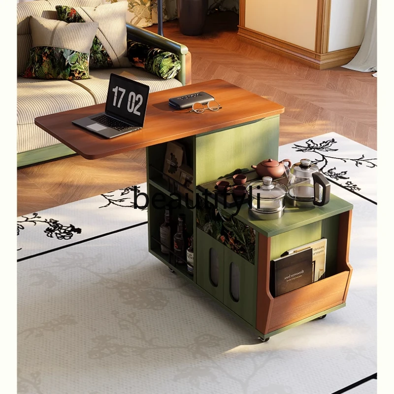 

Side few solid wood tea cabinet French retro living room home mobile tea cart coffee table
