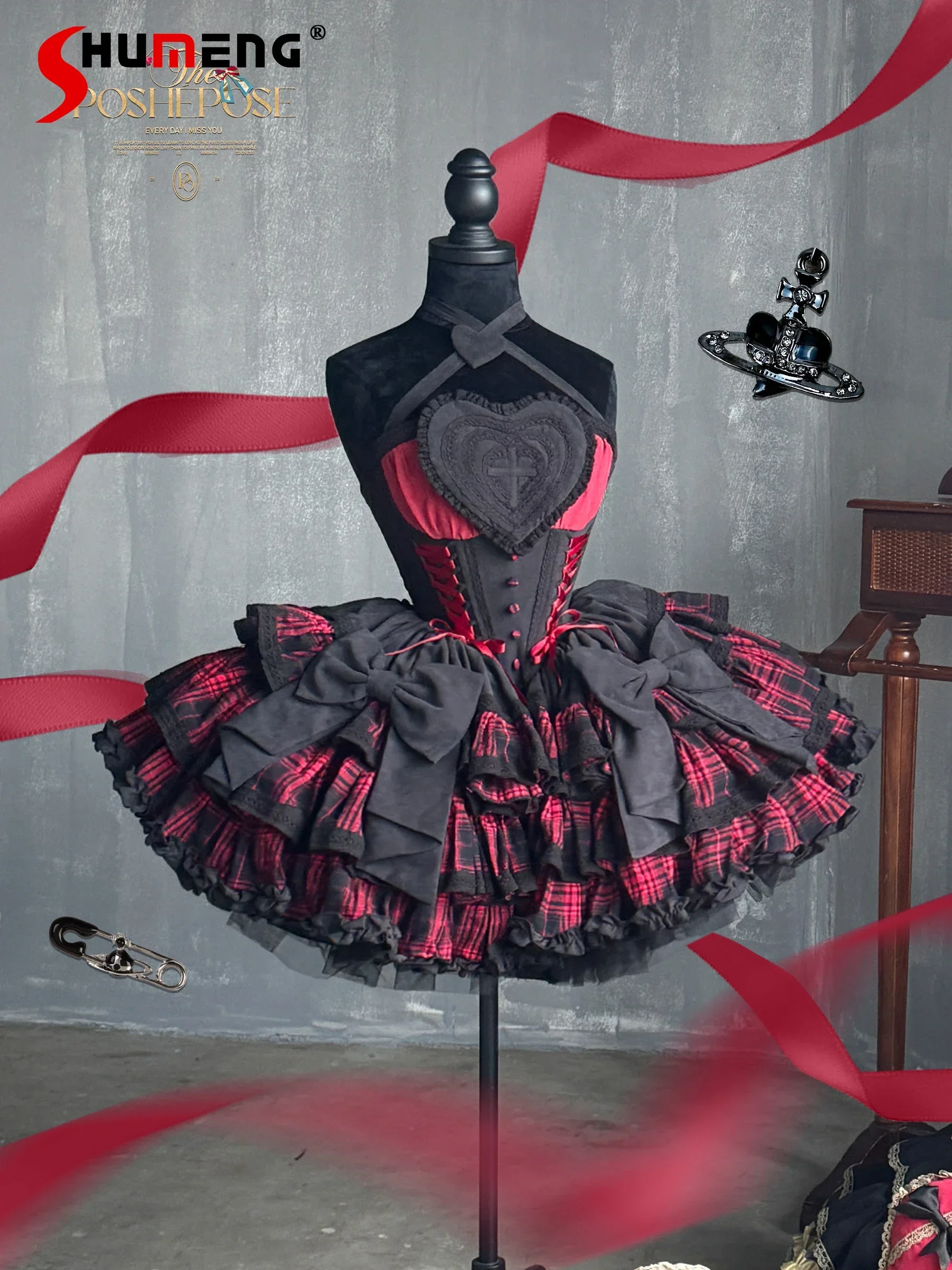 

High Quality Cosplay Lolita Black Red Plaid Dress Female Sweet Cute Bow Neck Princess Dress Lady Gothic Slim Party Evening Dress