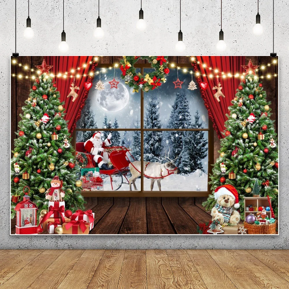 Winter Window Christmas Backdrop Fireplace Xmas Tree Gifts Teddy Bear Navidad Party Decor Kids Portrait Photography Background