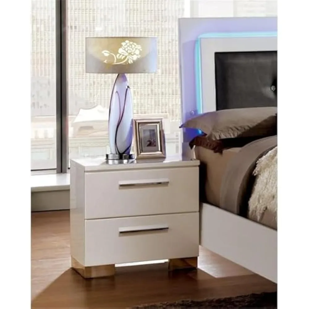 Contemporary 2 Drawer Wooden Bedside Nightstand in Glossy White