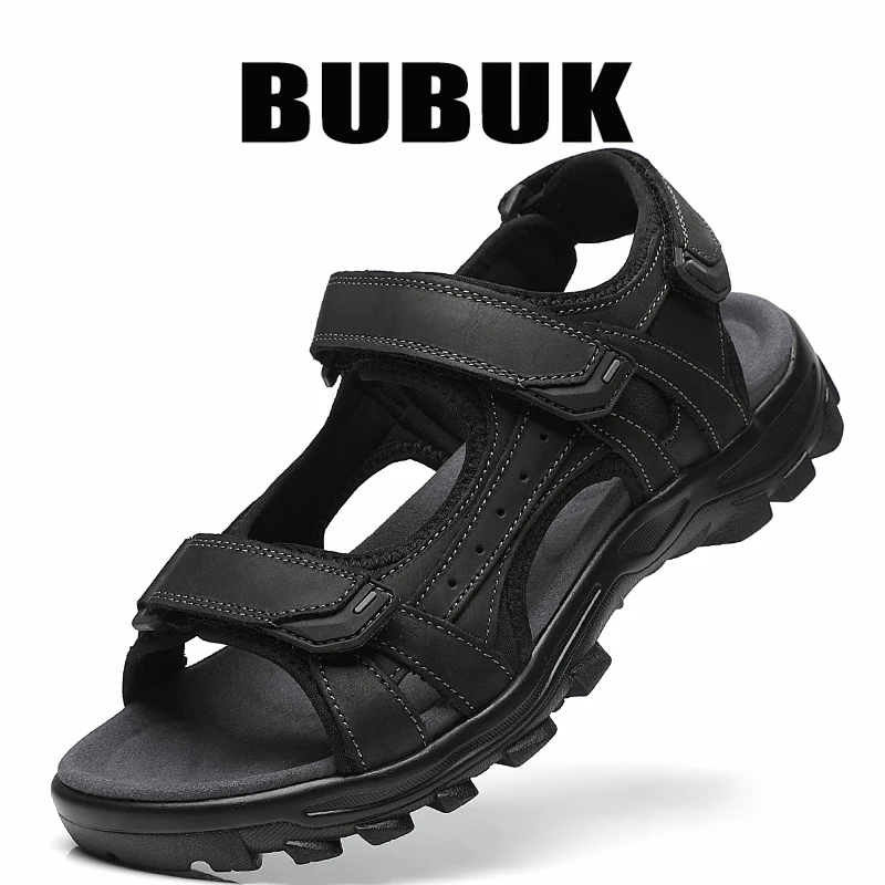 Bubuk First-Layer Cowhide Sports Sandals, Genuine Leather Men's Casual Shoes, Casual Outdoor Beach Shoes with Arch Support, Lightweight Waterproof Shoes, Open-Toe Design, Suitable for Travel and Hiking