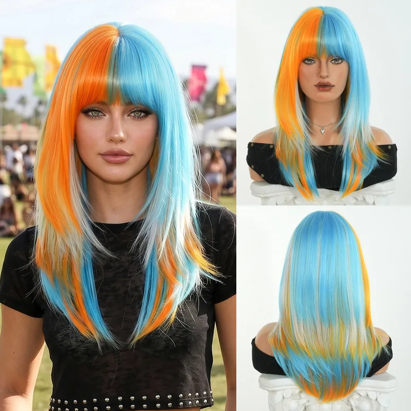 Wig for women orange blue ombre layered straight hair with bangs American and Argentinian flag design 20 inches