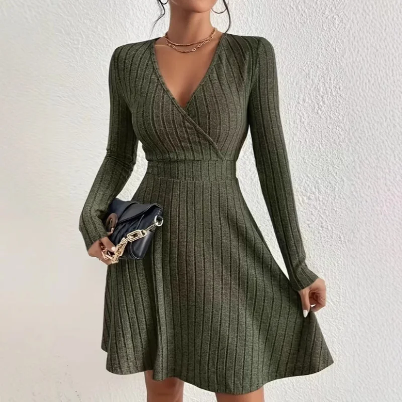 

Plus Size Women's Ribbed Stretch Dress Elegant Deep V Neck Cross Over Long Sleeve Daily Commuting Party Cocktail