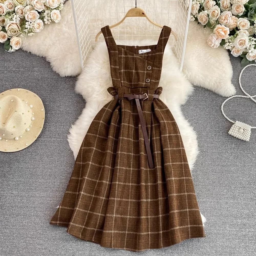 2024 Autumn Winter Long Plaid Dress Women Sleeveless Woolen Sundress Loose Overalls Spaghetti Strap Dresses Vestidos CY461