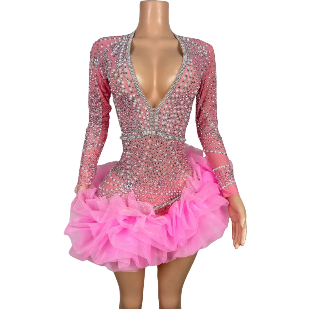 Pink Cute Ruffle Short Dress For Women Long Sleeve Pearl Rhinestone V Neck Birthday Queen Dressy Drag Night Evening Costume 2024