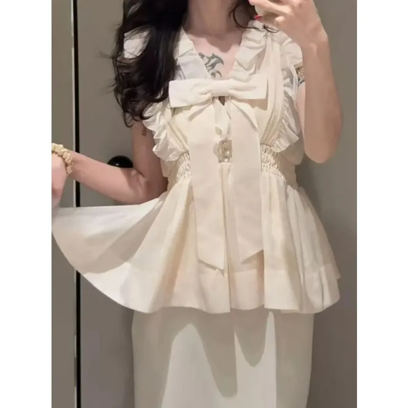 

Japanese 2026 Summer Sweet V Neck Flying Sleeve Waist Shirt Commuting Temperament Polka Ribbon Bow Ruffle Edge Blusas Top Women