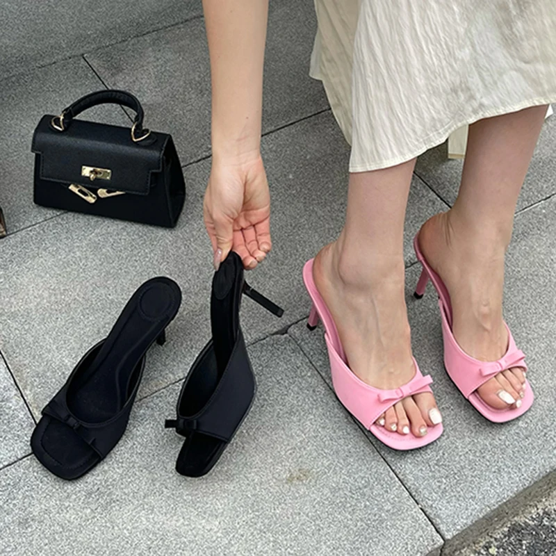 Aneikeh Slipper Mules Low High Heels Shoes 2024 Summer Best Street Look Females Square Head Open Toe bow Strappy Sandals Women