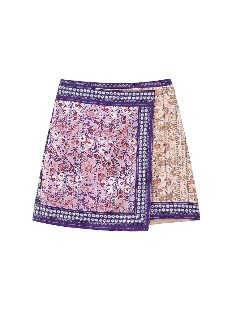 Boho Women Elegant Floral Print Mini Skirts 2023 Fashion Ladies Slim Patchwork Purple Skirt Vintage Female Chic Bottoms