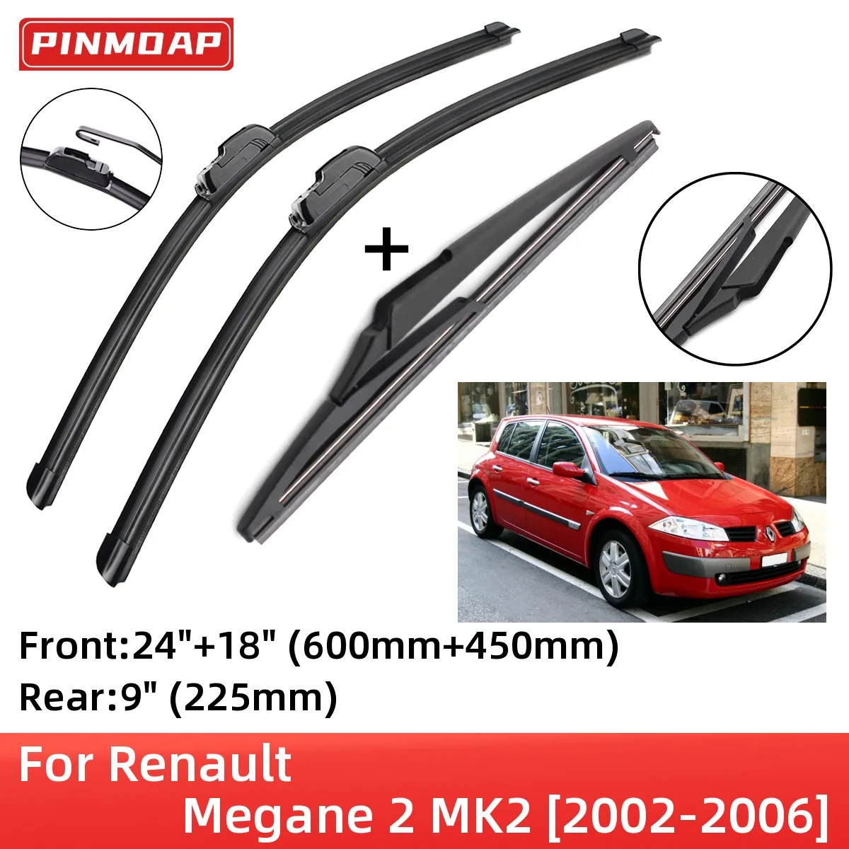 For Renault Megane 2 2002-2006 Front Rear Wiper Blades Brushes Cutter Accessories J Hook 2002 2003 2004 2005 2006