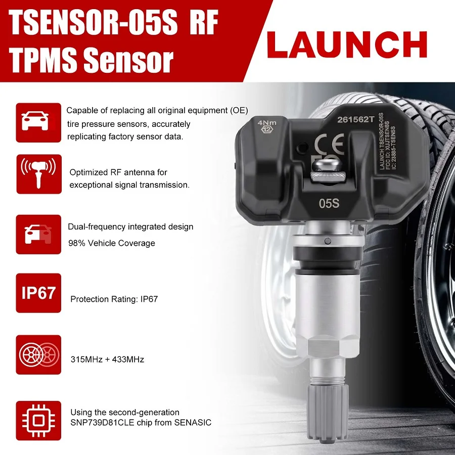 Launch TSENSOR-05S RF Sensor 05S TPMS Sensor 315MHz&433MHz Metal Car Tire Pressure Service Tool Work with i-TPMS CRT 5011 TSGUN