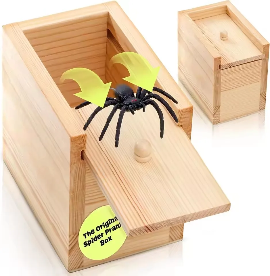 Wooden Funny Scare Box Prank with Spider in Case - April Fool's Day Halloween Party Trick Joke Scarebox Festival Props