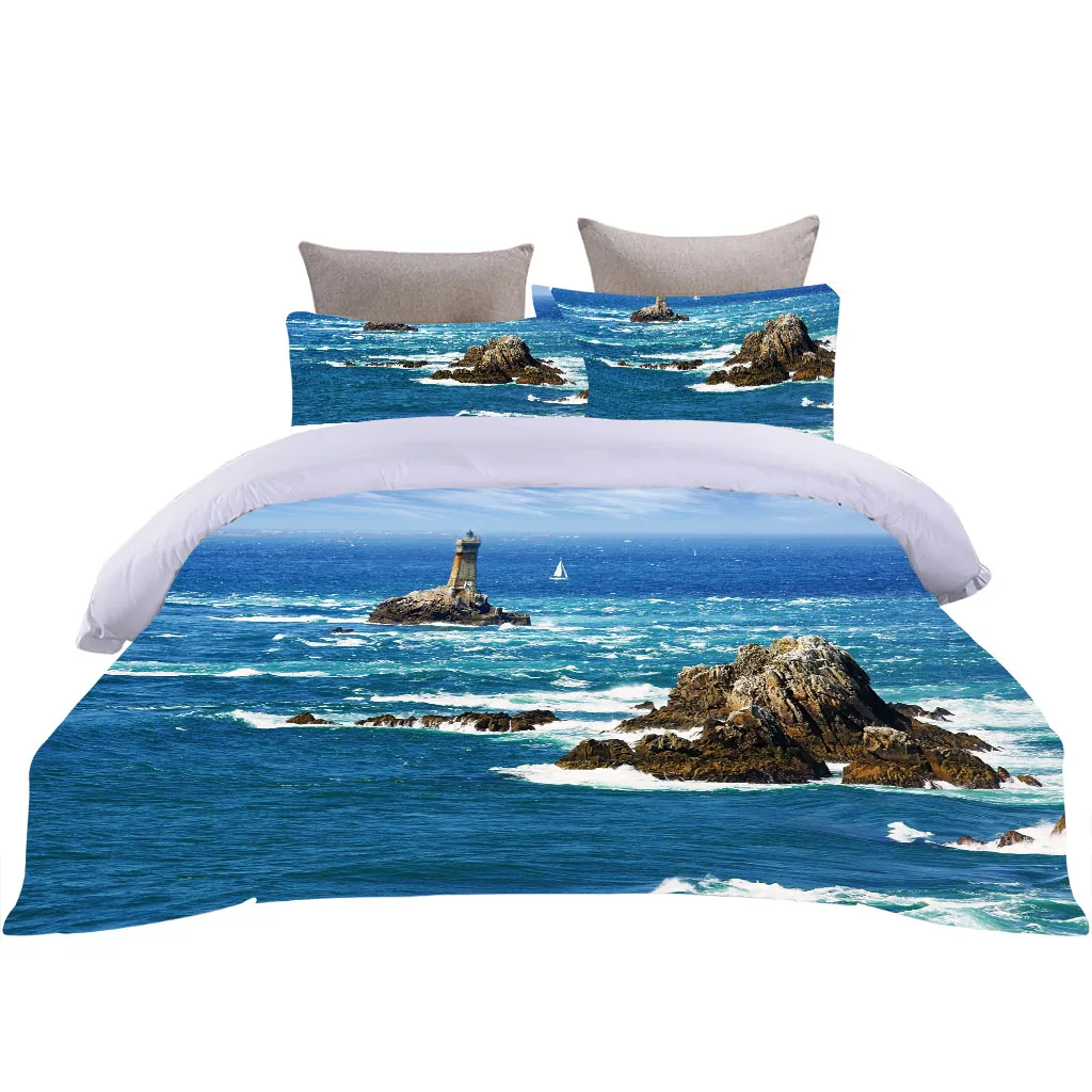 HUANZHUANG Children Duvet Cover Set Blue Waves Seascape Quilt Cover 3Pcs King Full Size Bedding Pillow Case Bedding Linen Polyes