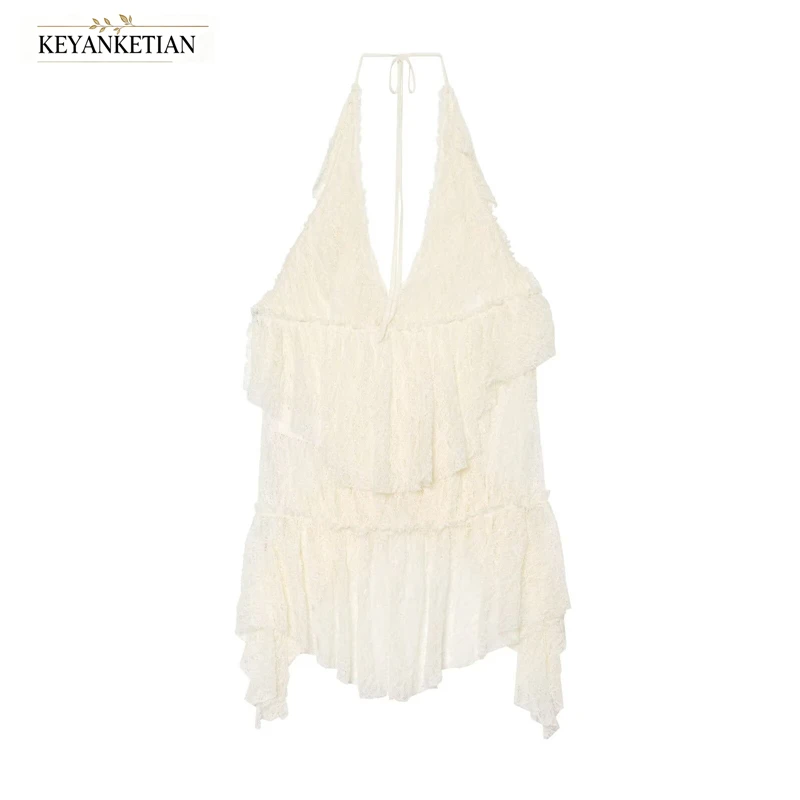 KEYANKETIAN 2026 Cream Sheer Lace Halter Crop Top Deep V Neck Multi Tier Ruffle Back Thin Self Tie Bow Slim Pure Desire Camisole