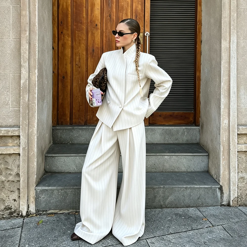 High Quality White Stripe Women's Suits 2 Piece Jacket Pants Sets Bespoke Stand Collar Blazer Luxury Office Work Female Clothing