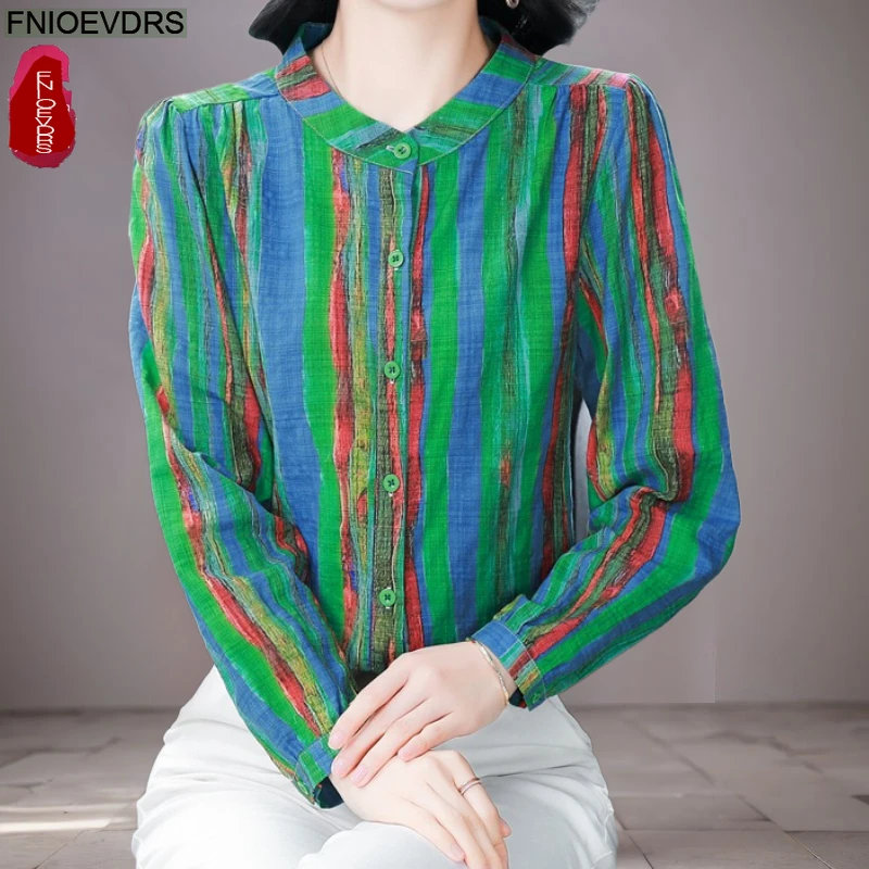 

Linen Tops Blouses New Fashion Women 2025 Autumn Long Sleeve Office Lady Colors Striped Basics Shirts