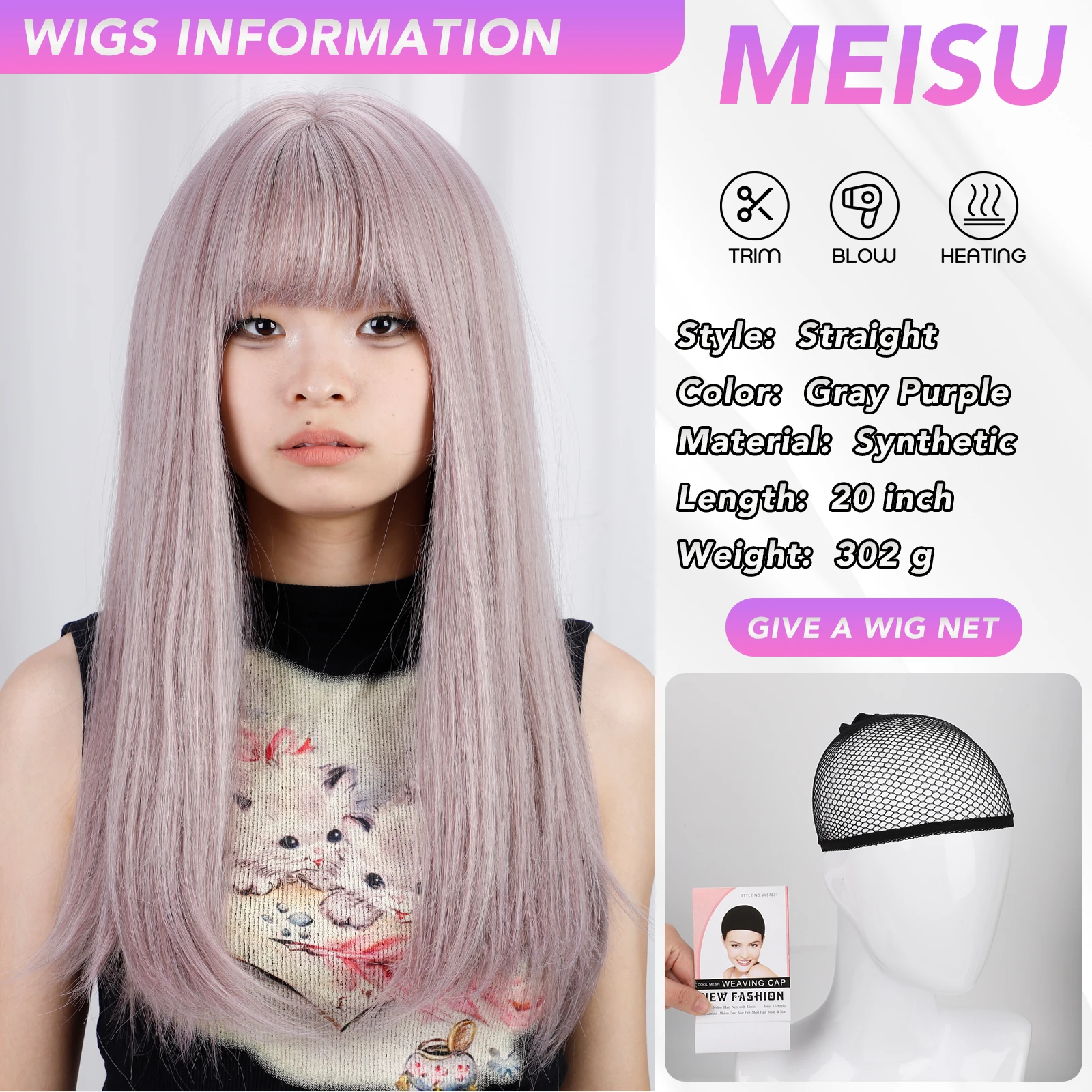 MEISU Straight Wig Grey purple Air Bangs 24 Inch Fiber Synthetic Wigs Heat-resistant Natural Party or Selfie For Women Daily Use