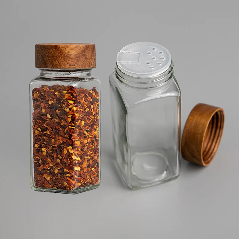 6pcs 120ml Wholesale Acacia Wood Cover Square Glass Jars Kitchen Seasoning Bottle Table Salt Flavor Herb & Spice Tools