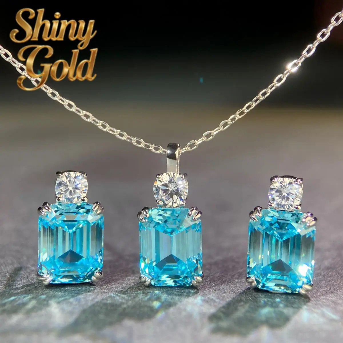

ShinyGold Luxury 18K White Gold Solid Platinum Women's Aquamarine Diamond Pendant Earrings Set Emerald Cut Pendant
