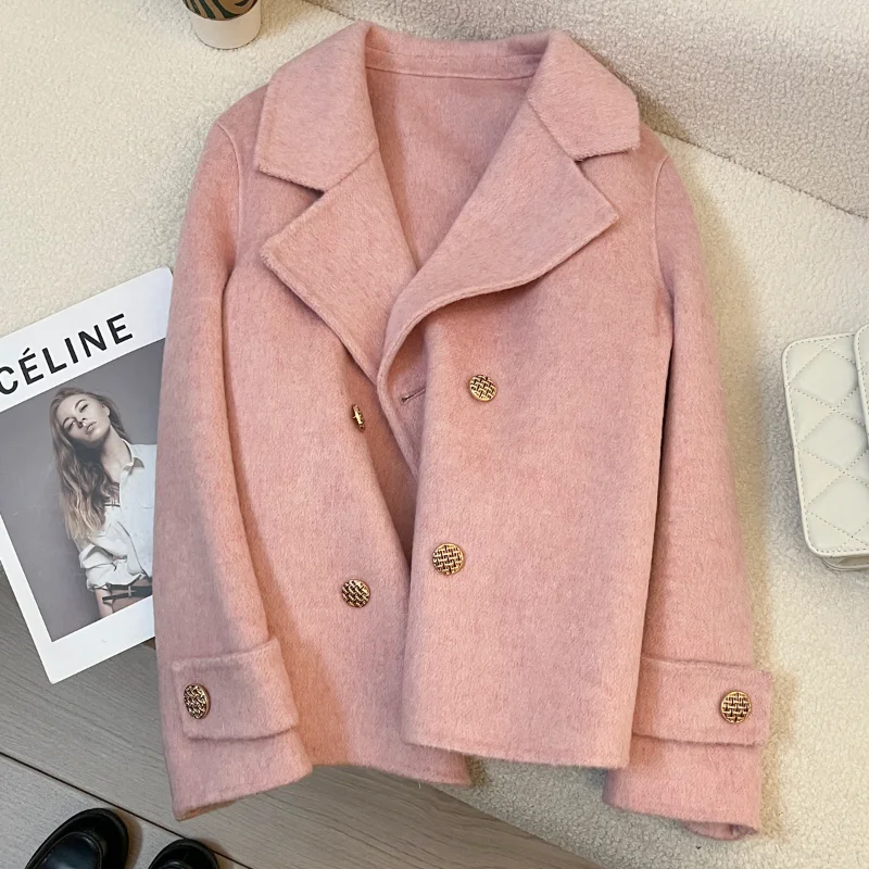 

Pink Short Double-sided Cashmere Coat Women's New Fashion Loose Casual Warm French Sweet Lady Simple Basic Wool Coat Female