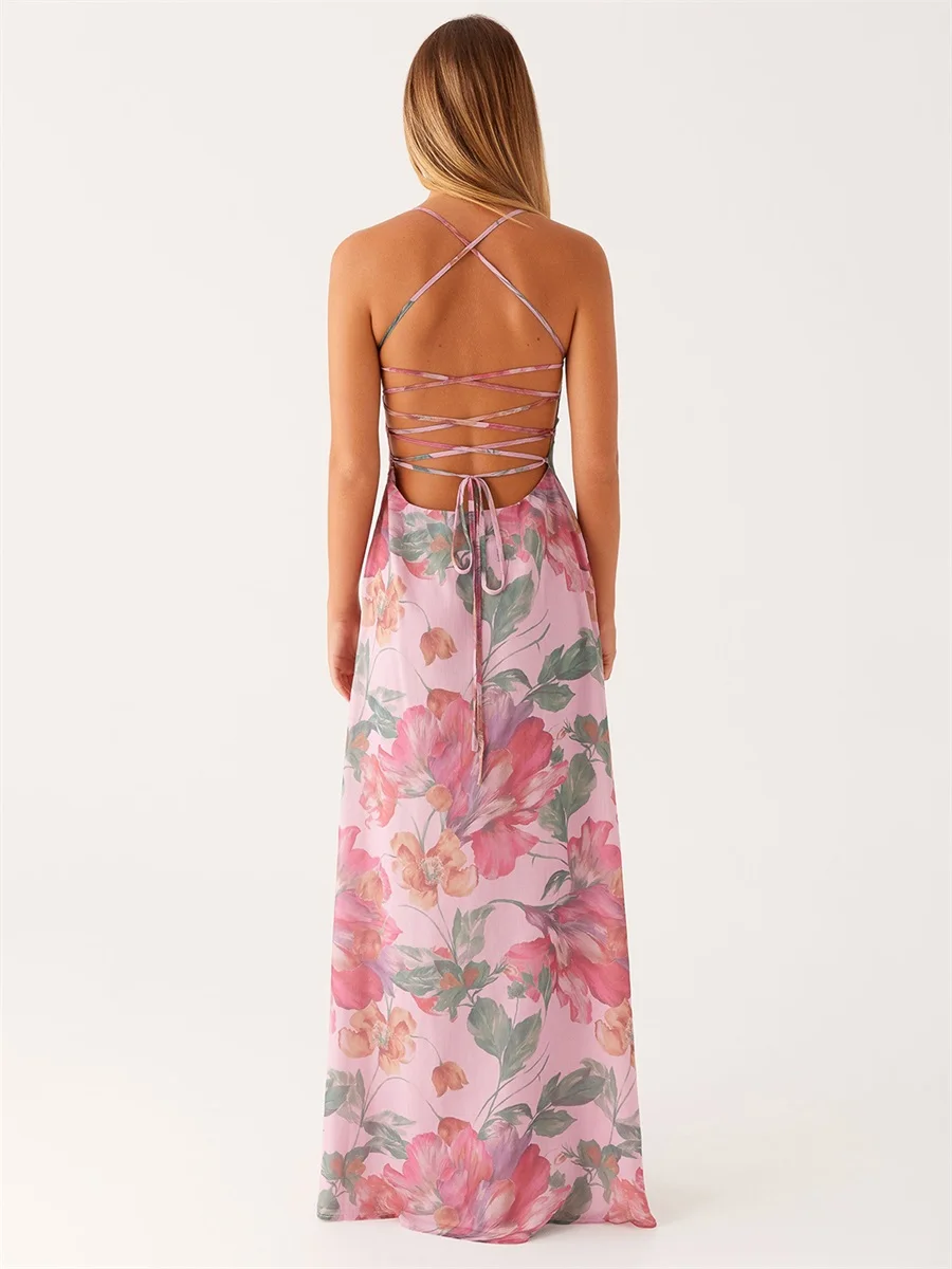 ผู้หญิงชุดยาวดอกไม้พิมพ์ชุด Cami ฤดูร้อน CROSS Tie-Up Backless แฟชั่นสปาเก็ตตี้ชุดสายคล้อง