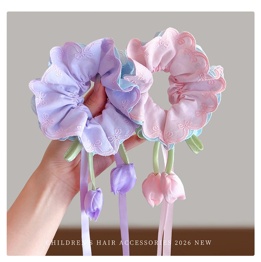 Neue bestickte Tulpen-Haarschleifen: Süße Prinzessinnen-Haargummis, schonend für das Haar, hohe Elastizität für Baby-Mädchen und Kleinkinder – Haar-Accessoires – Detail 4