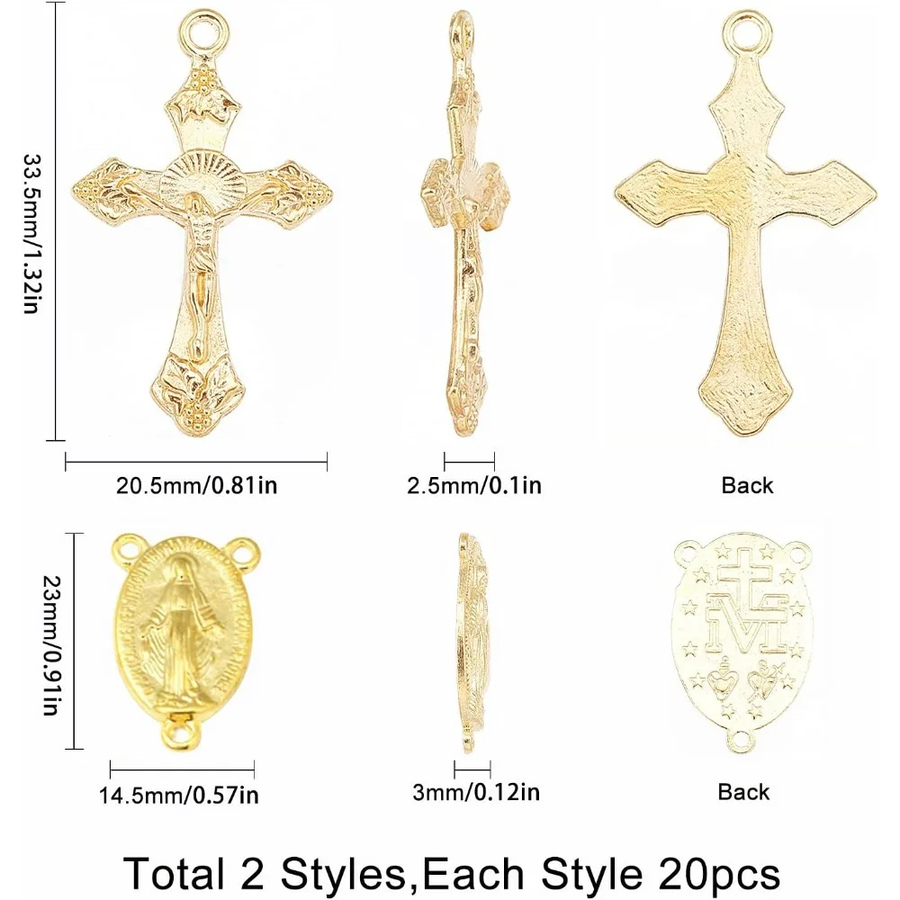 Golden Style Rosary Cross Charms Center Miraculous Medal with Alloy Crucifix Cross Charm Oval Chandelier Gold Links making kit