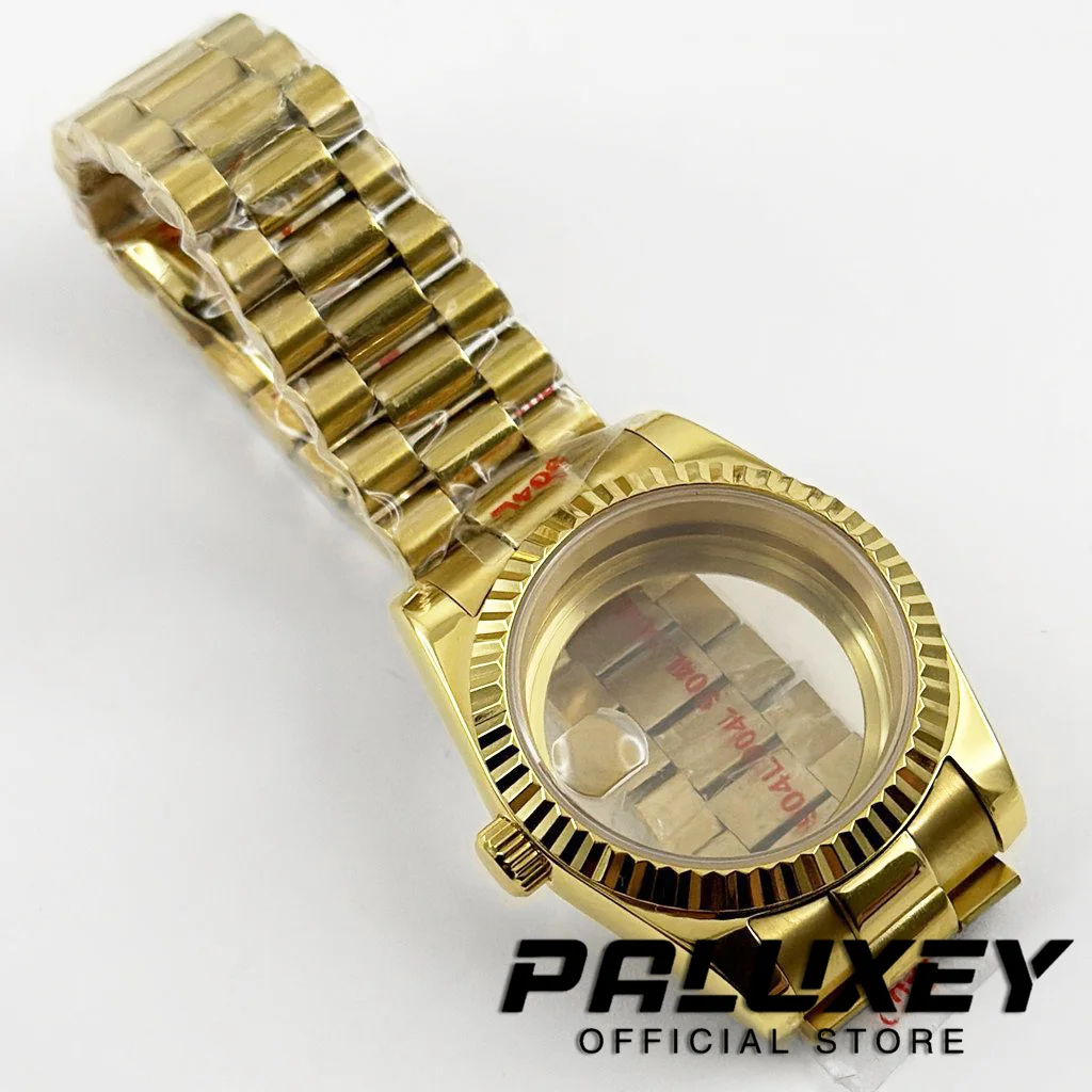 Cassa dell'orologio curva scanalata in oro 36MM/40MM bracciale presidenziale in acciaio vetro zaffiro per movimento NH34 NH35 NH36 NH38 ETA2824