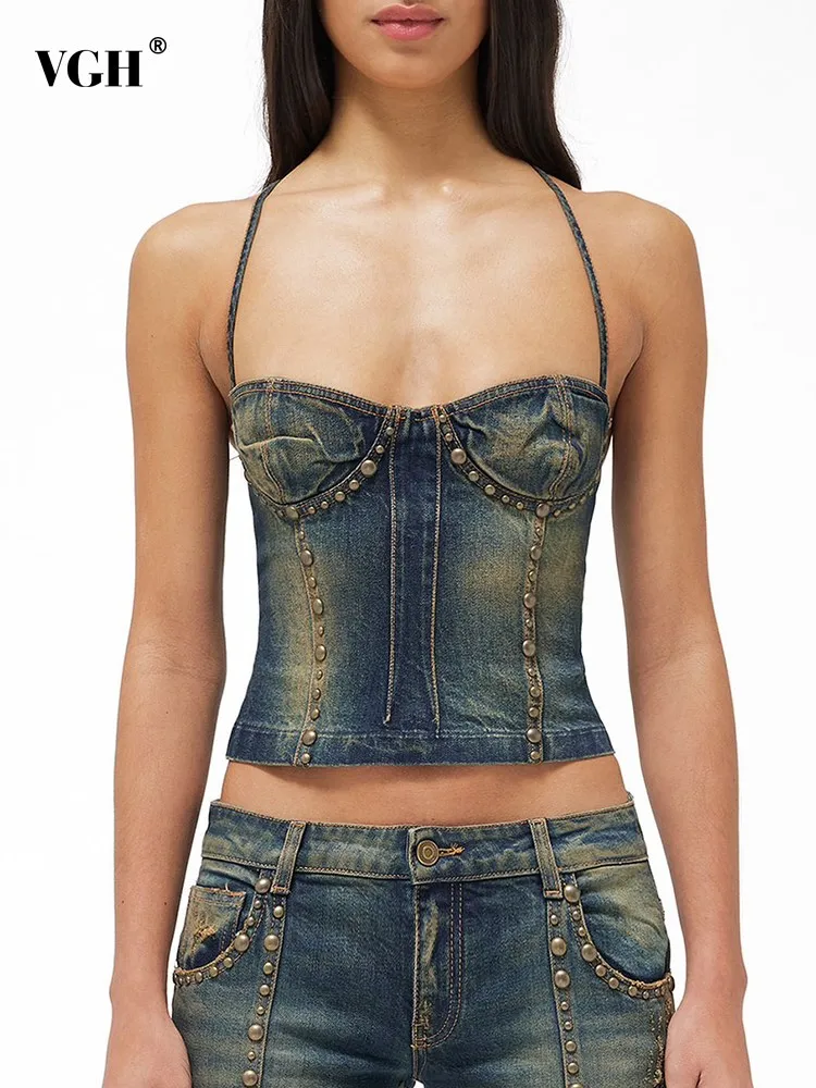 VGH Sexy Spliced Rivet Denim Tank Tops Square Collar Sleeveless Off Shoulder Backless Bandage Slimming Vest Female Summer New