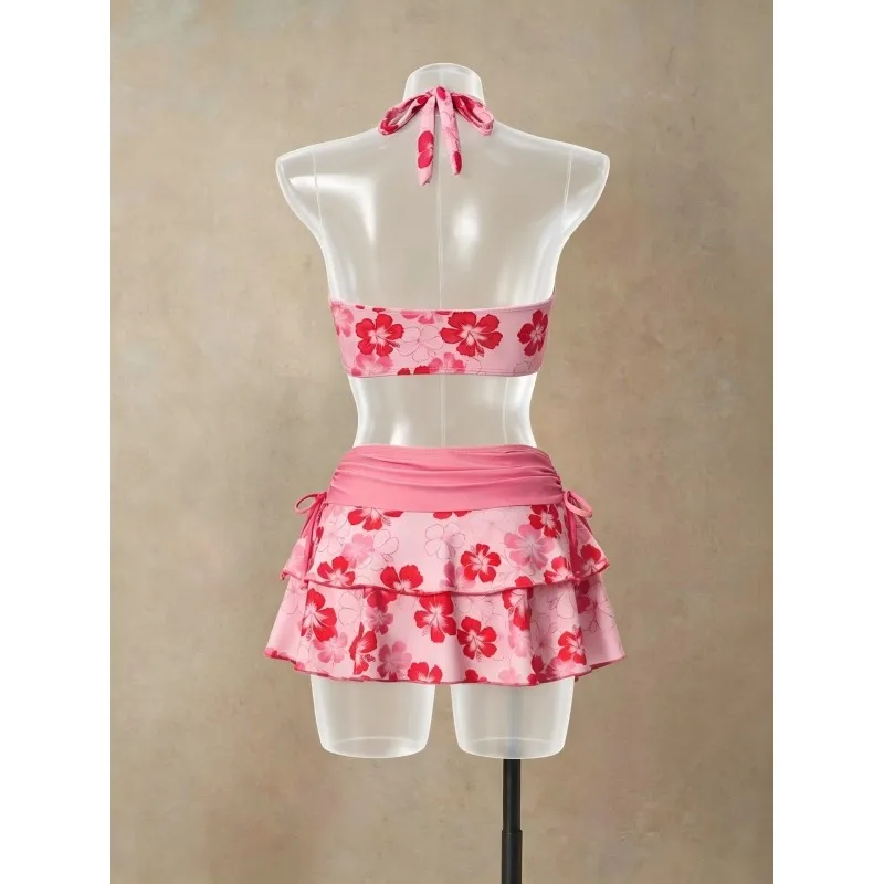 Women Pink Floral Halter Bikini Set V Neck Padded Top Ruffle Skirt Cover Up 2 Piece Swimsuit Summer Beach Vacation Swimwear