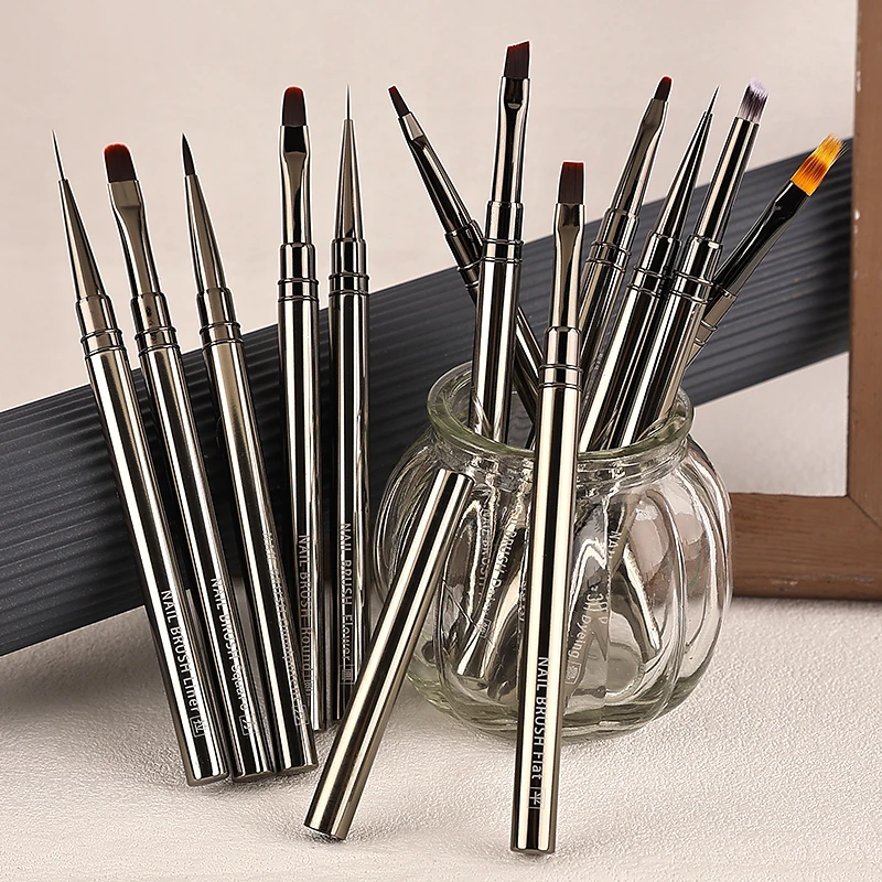 1/12Pcs Simple Nail Enhancement Brush Metal Handle Painting Drawing Flower Pen Edge Hook Uv Gel Nail Brush Nail Art Tools New