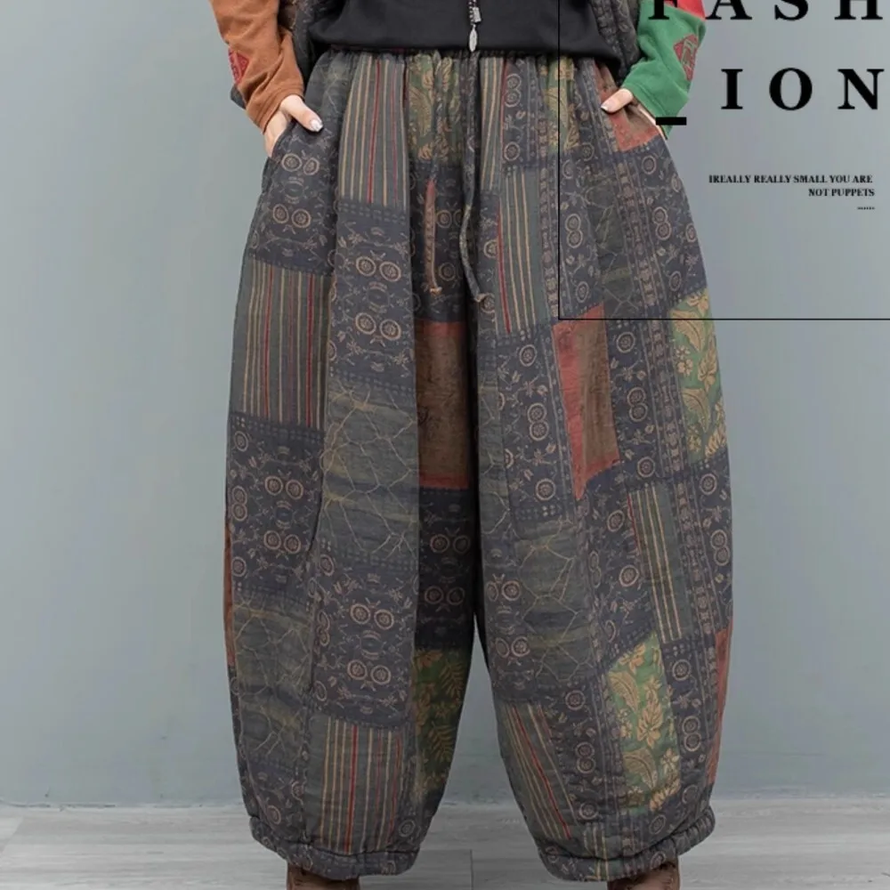 Vintage Printed Cotton Clip Thick Pumpkin Pants Women 2024 Winter Loose Pant LX2529