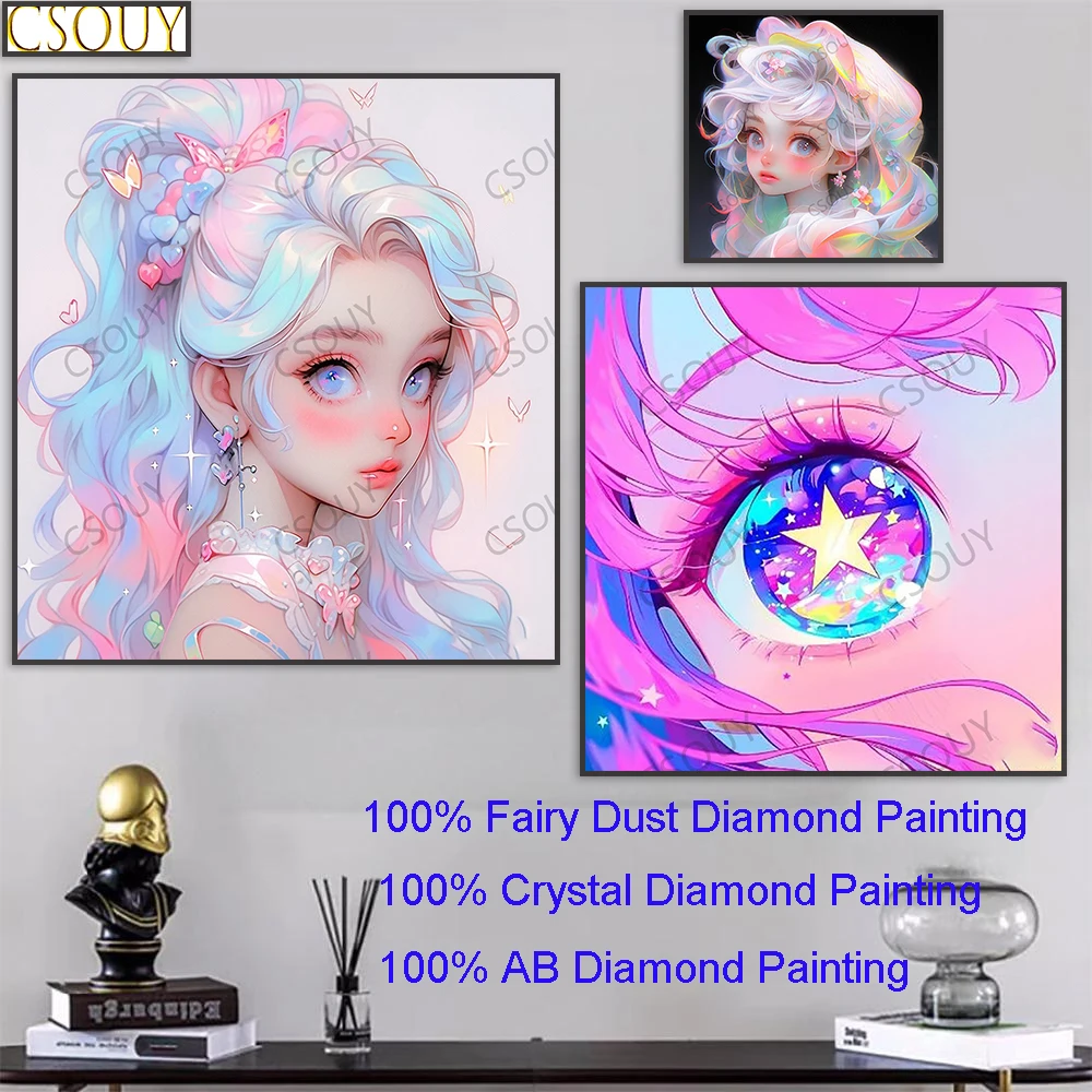 100% Fairy Dust Diy Diamond Painting Cross Stitch Colored Hair Girls Crystal Square Drill Full Embroidery Mosaic Decor Needlewo