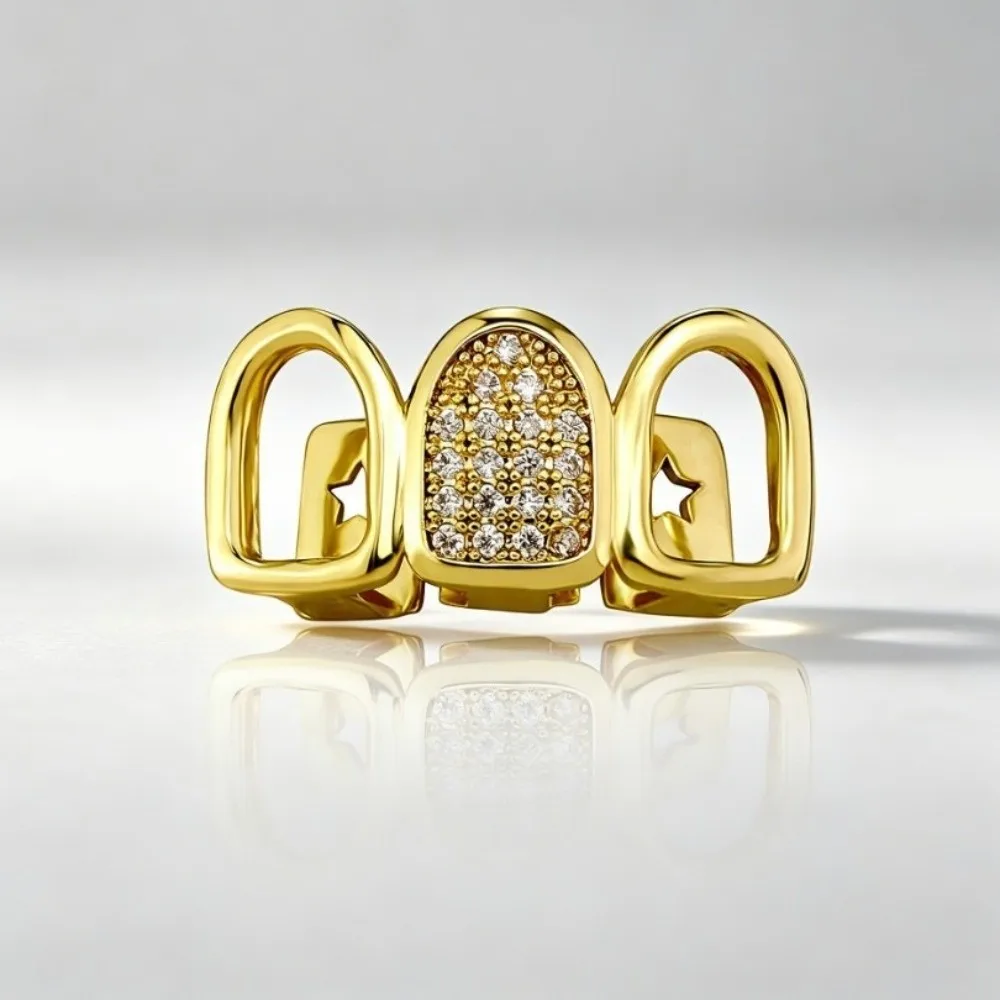 Hip Hop Gold Silver Color Teeth Grillz CZ Zircon Star Hollow Dental Caps Removable 3 Teeth Body Jewelry Unisex