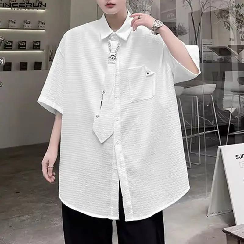 INCERUN الرجال قميص بلون التلبيب كم قصير زر ملابس الرجال عادية مع التعادل الشارع الشهير فضفاض بلوزات على الموضة الذكور القمصان #3